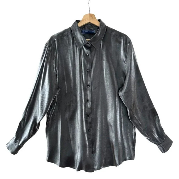 90s Vintage Karen Scott Liquid Dark Silver Long Sleeve Button Up Evening Blouse - Picture 1 of 7